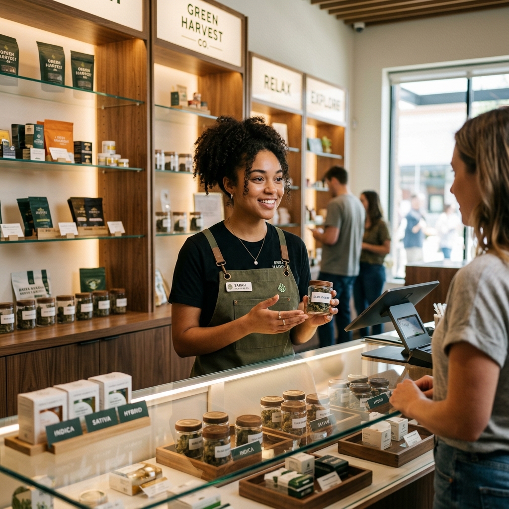 Bud tender giving personalized cannabis recommendation to a customer